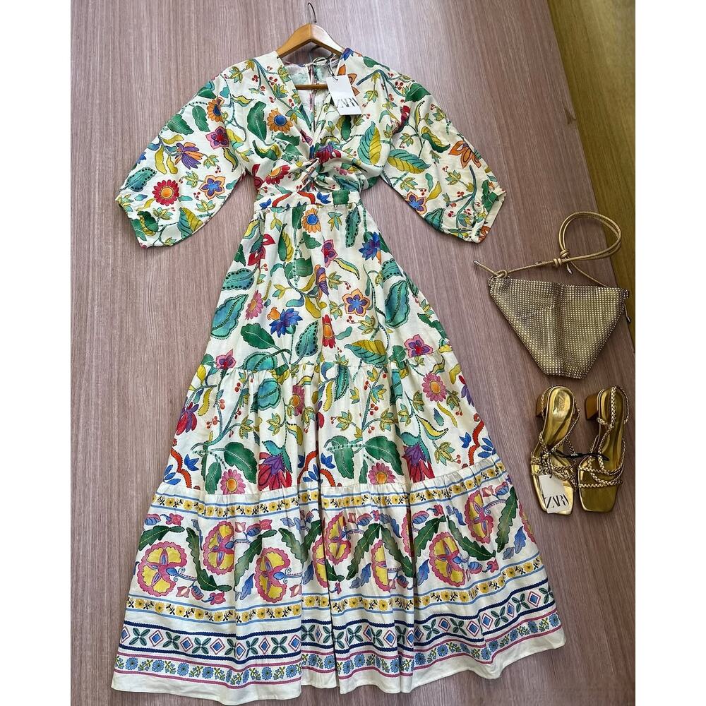 Zara Floral Linen Blend Boho Maxi Dress Cut Out Resort Vacation Size S NWT - Picture 15 of 16